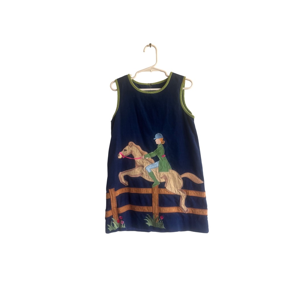 Lilly Pulitzer Girls Navy Blue Corduroy Equestrian Horse Fox Jumper Dress Size 5